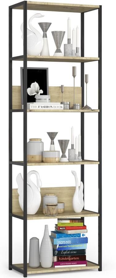 Akord Open Boekenkast Ladderkast Industrieel Design Vakkenkast met 6 Planken Opbergplank Boekenrek Opslagrek Zwart Artisan Eik 60 x 192 x 32 cm