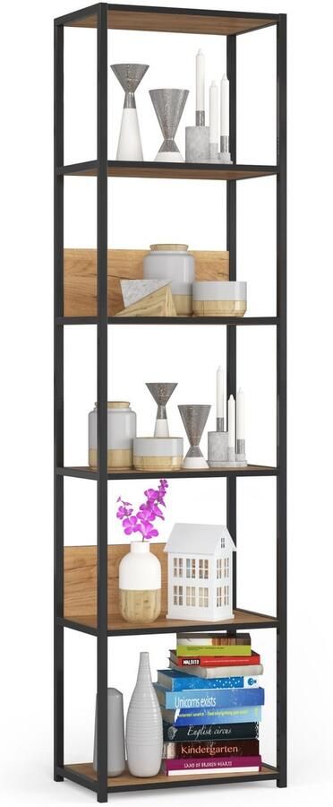 Akord Open Boekenkast Ladderkast Industrieel Design Vakkenkast met 6 Planken Opbergplank Boekenrek Opslagrek Zwart Craft Eik 50 x 192 x 32 cm