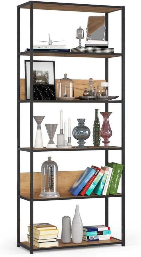 Akord Open Boekenkast Ladderkast Loft Design Metalen Vakkenkast met 6 Planken Opbergplank Boekenrek Opslagrek Zwart Craft Eik 80 x 192 x 32 cm