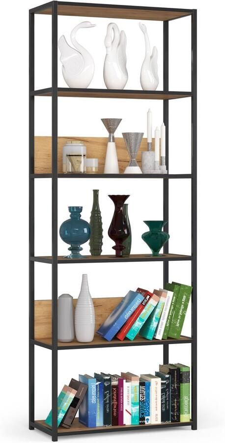Akord Open Boekenkast Ladderkast Loft Design Metalen Vakkenkast met 6 Planken Opbergplank Boekenrek Opslagrek Zwart Craft Eik 70 x 192 x 32 cm
