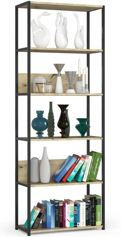 Akord Open Boekenkast Ladderkast Industrieel Design Vakkenkast met 6 Planken Opbergplank Boekenrek Opslagrek Zwart Artisan Eik 70 x 192 x 32 cm