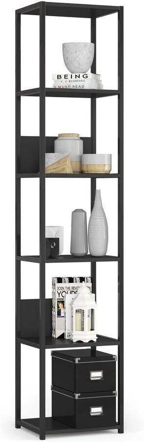 Akord Open Boekenkast Ladderkast Industrieel Design Vakkenkast met 6 Planken Opbergplank Boekenrek Opslagrek Zwart 40 x 192 x 32 cm