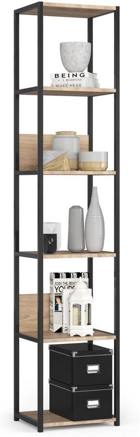 Akord Open Boekenkast Ladderkast Loft Design Metalen Vakkenkast met 6 Planken Opbergplank Boekenrek Opslagrek Zwart Sonoma Eik 40 x 192 x 32 cm