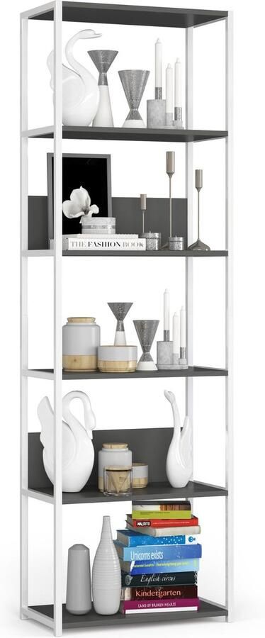 Akord Industrieel Metaal Loft Boekenkast 600 cm Wit Grijs Stijlvolle Vrijstaande Plankenkast met 6 Matgrijze Planken Zelfmontage Modern Design voor Woonkamer of Kantoorruimte