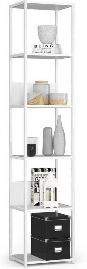 Akord Open Boekenkast Ladderkast Loft Design Metalen Vakkenkast met 6 Planken Opbergplank Boekenrek Opslagrek Wit 40 x 192 x 32 cm