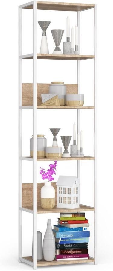 Akord Open Boekenkast Ladderkast Loft Design Metalen Vakkenkast met 6 Planken Opbergplank Boekenrek Opslagrek Wit Sonoma Eik 50 x 192 x 32 cm