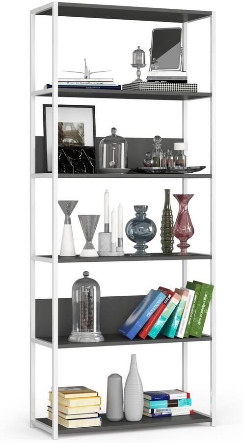 Akord Open Boekenkast Ladderkast Loft Design Metalen Vakkenkast met 6 Planken Opbergplank Boekenrek Opslagrek Wit Grafietgrijs 80 x 192 x 32 cm