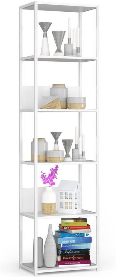 Akord Open Boekenkast Ladderkast Loft Design Metalen Vakkenkast met 6 Planken Opbergplank Boekenrek Opslagrek Wit 50 x 192 x 32 cm