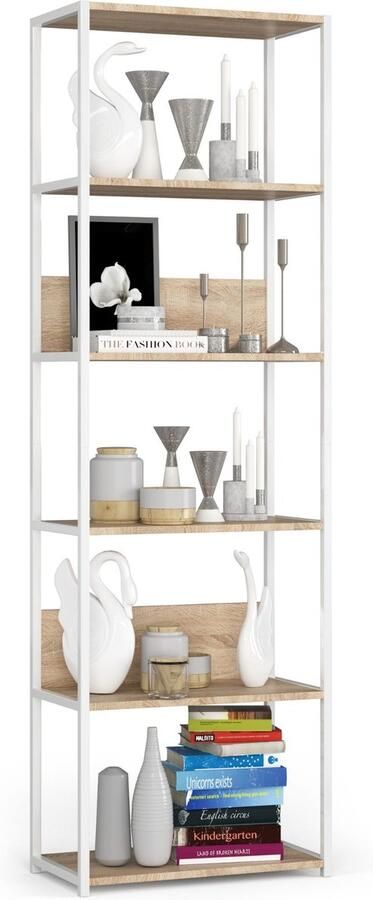 Akord Open Boekenkast Ladderkast Loft Design Metalen Vakkenkast met 6 Planken Opbergplank Boekenrek Opslagrek Wit Sonoma Eik 60 x 192 x 32 cm