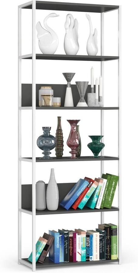 Akord Open Boekenkast Ladderkast Loft Design Metalen Vakkenkast met 6 Planken Opbergplank Boekenrek Opslagrek Wit Grafietgrijs 70 x 192 x 32 cm