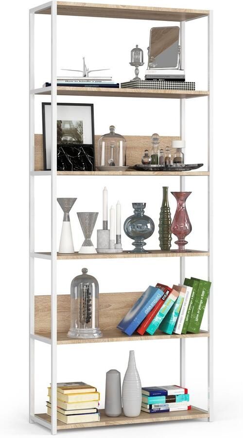 Akord Open Boekenkast Ladderkast Loft Design Metalen Vakkenkast met 6 Planken Opbergplank Boekenrek Opslagrek Wit Sonoma Eik 80 x 192 x 32 cm