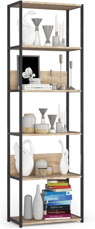 Akord Open Boekenkast Ladderkast Loft Design Metalen Vakkenkast met 6 Planken Opbergplank Boekenrek Opslagrek Zwart Sonoma Eik 60 x 192 x 32 cm