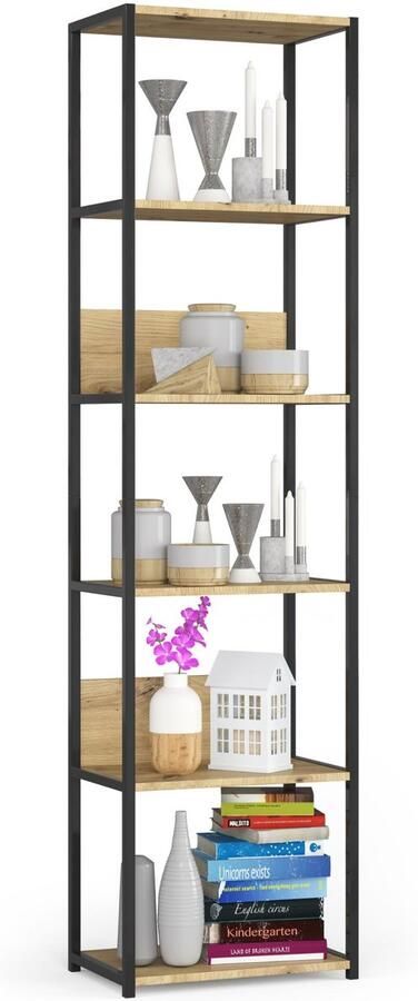 Akord Open Boekenkast Ladderkast Loft Design Metalen Vakkenkast met 6 Planken Opbergplank Boekenrek Opslagrek Zwart Artisan Eik 50 x 192 x 32 cm