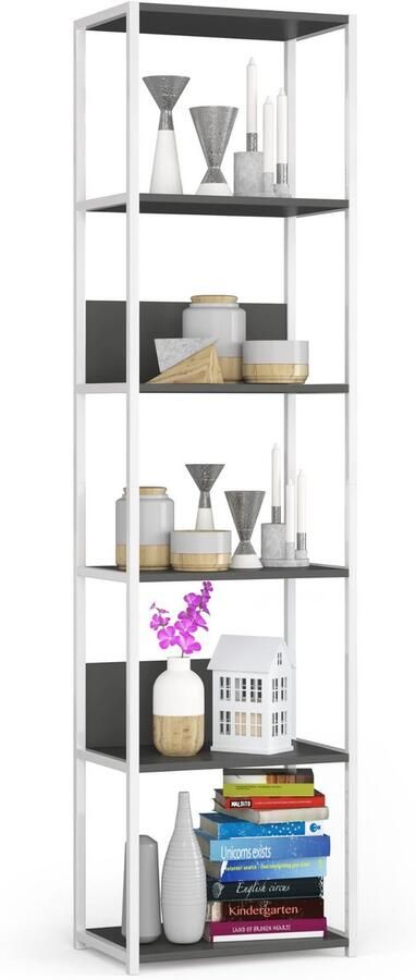 Akord Open Boekenkast Ladderkast Loft Design Metalen Vakkenkast met 6 Planken Opbergplank Boekenrek Opslagrek Wit Grafietgrijs 50 x 192 x 32 cm