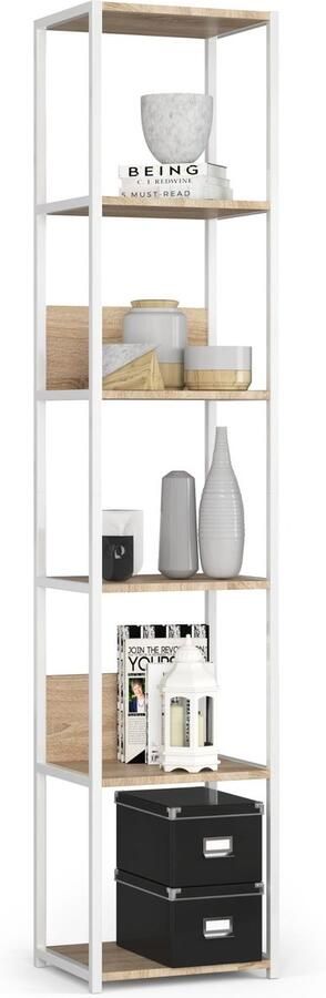 Akord Open Boekenkast Ladderkast Loft Design Metalen Vakkenkast met 6 Planken Opbergplank Boekenrek Opslagrek Wit Sonoma Eik 40 x 192 x 32 cm