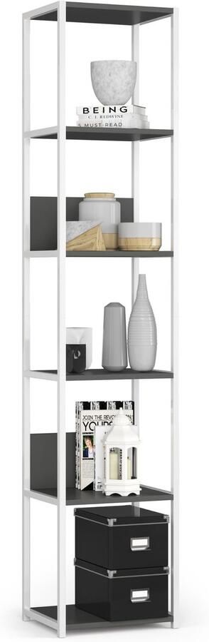 Akord Open Boekenkast Ladderkast Loft Design Metalen Vakkenkast met 6 Planken Opbergplank Boekenrek Opslagrek Wit Grafietgrijs 40 x 192 x 32 cm