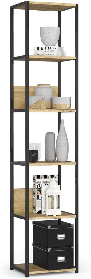 Akord Open Boekenkast Ladderkast Industrieel Design Vakkenkast met 6 Planken Opbergplank Boekenrek Opslagrek Zwart Artisan Eik 40 x 192 x 32 cm