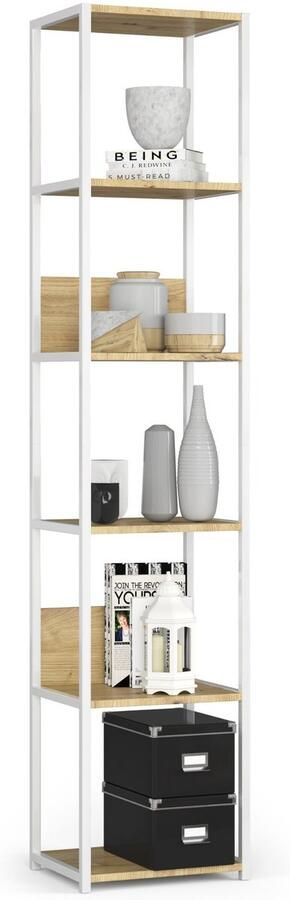 Akord Open Boekenkast Ladderkast Loft Industriel Design Metalen Vakkenkast met 6 Planken Opbergplank Boekenrek Opslagrek Wit Artisan Eik 40 x 192 x 32 cm