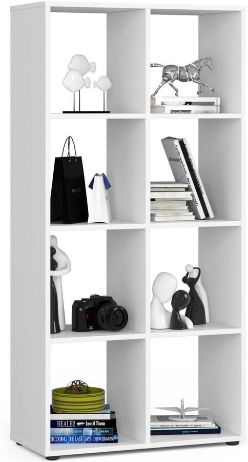 Akord Quad Boekenkast 8 Planken Wit Vrijstaand Laminaten Paneel ABS Rand Zelfmontage Stijlvolle Witte Mat Finish Ruime Opslagoplossing voor Thuis of Kantoor Draagvermogen van 28 kg Eenvoudig te Sa