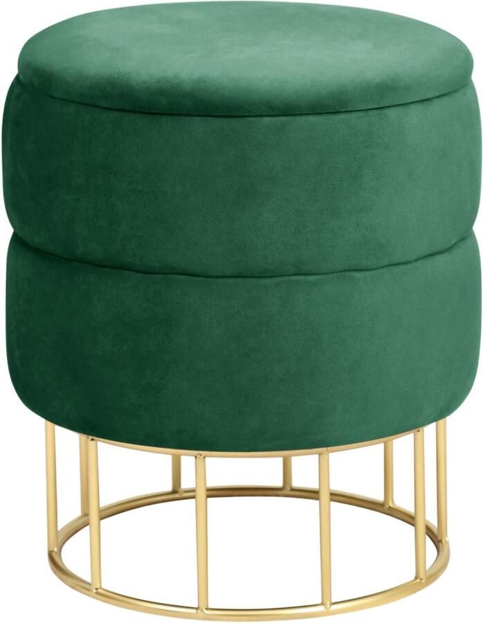 Akord Ronde Fluwelen Poef Elza in Flessengroen met Gouden Basis Opbergfunctie Zelfmontage Luxe Design