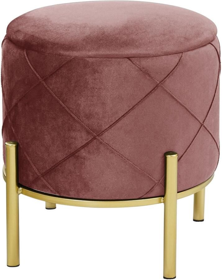 Akord Ronde Open Pootrozendel Met Gouden Onderstel Poederroos Velours Poef met Opbergruimte
