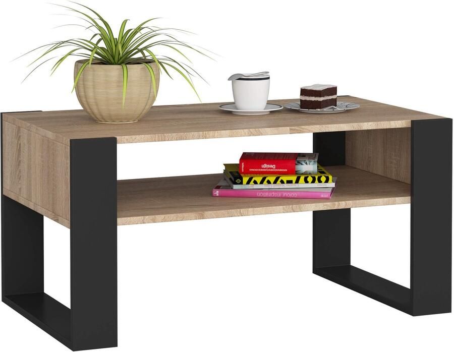Akord Domi Koffietafel in Eiken Sonoma en Zwart Moderne Laminaten Bijzettafel voor Woonkamers Zelfmontage Nodig 92x45x53cm