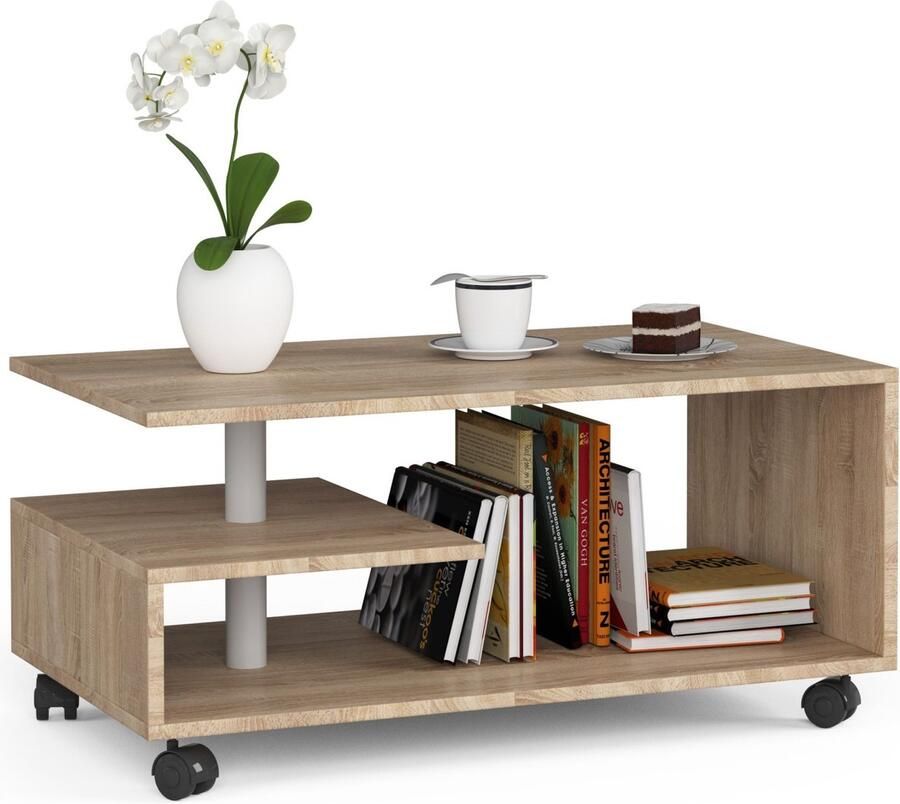 Akord VINI Koffietafel op Wielen Eiken Sonoma Modern Design Zelfmontage 90x40x51 cm Hoogwaardig Gelamineerde Afwerking