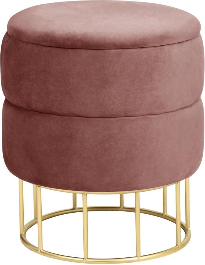 Akord Velvet Poef Elza in Poederroze met Gouden Stalen Basis en Opbergruimte