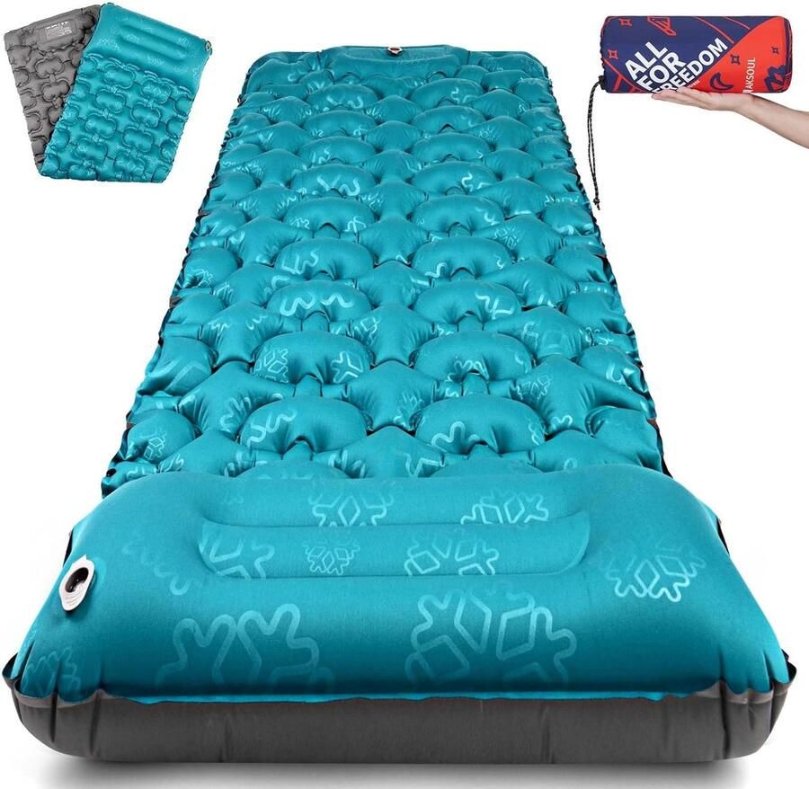 AKSOUL Zelfopblazend campingmat 8-10 cm verdikt ultralicht luchtmatras opblaasbaar dik opvouwbaar met kussen hemelsblauw marineblauw