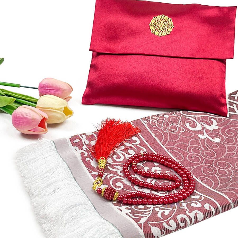 Al-Quds Gebedskleed Compleet met Tas en Tasbih Zachte Stof en Luxe Uitstraling Seccade Geschenkset Kleur Bordo