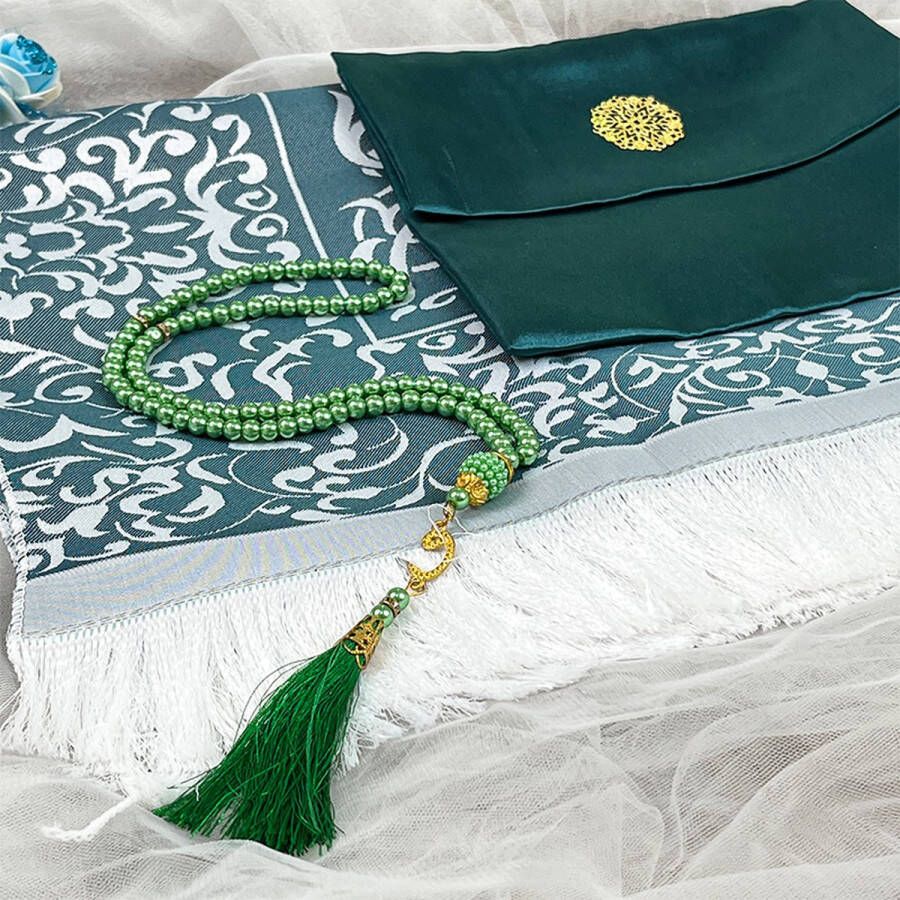 Al-Quds Gebedskleed Compleet met Tas en Tasbih Zachte Stof en Luxe Uitstraling Seccade Geschenkset Kleur Groen