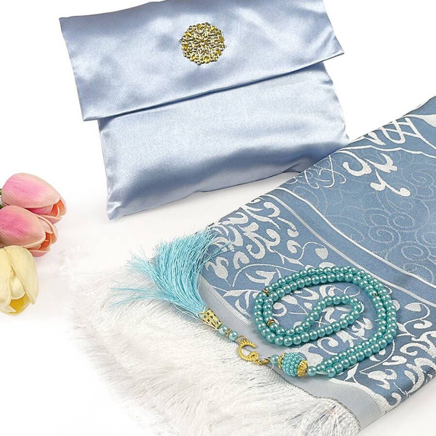 Al-Quds Gebedskleed Compleet met Tas en Tasbih Zachte Stof en Luxe Uitstraling Seccade Geschenkset Kleur Blauw