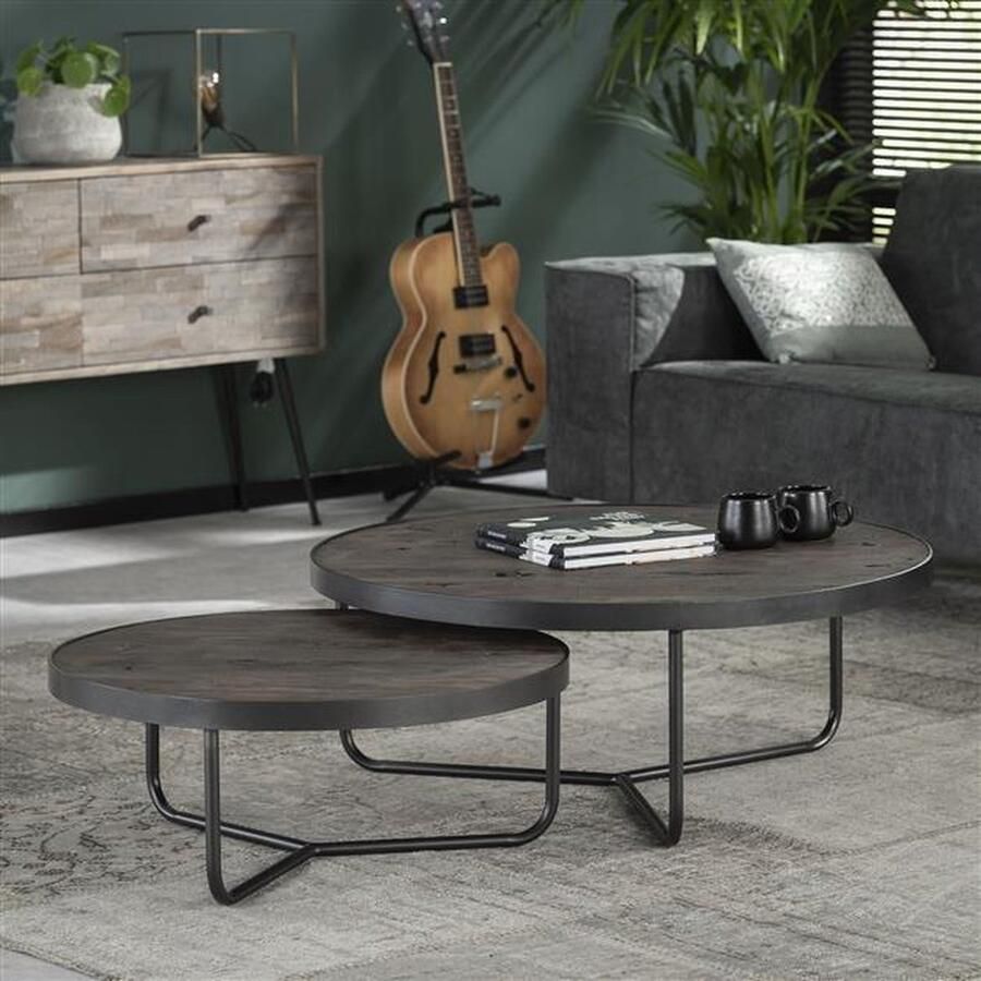 Alaska industrieelwonen.nl Salontafel Ø90 set 2 Massief acacia vintage bruin