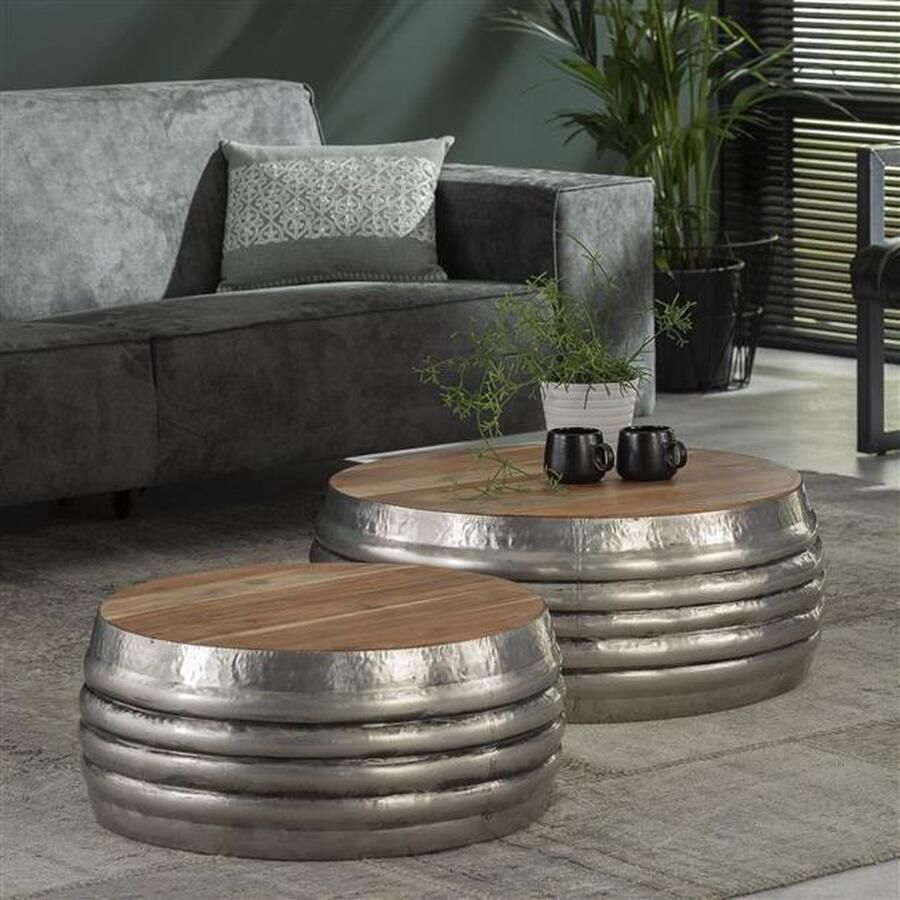 Alaska industrieelwonen.nl Salontafel set 2 houten top staal Antiek Nikkel