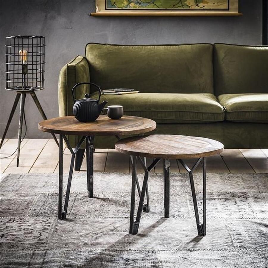 Alaska industrieelwonen.nl Salontafel set 2 rond met een metalen V-poot Massief gerecycled hout