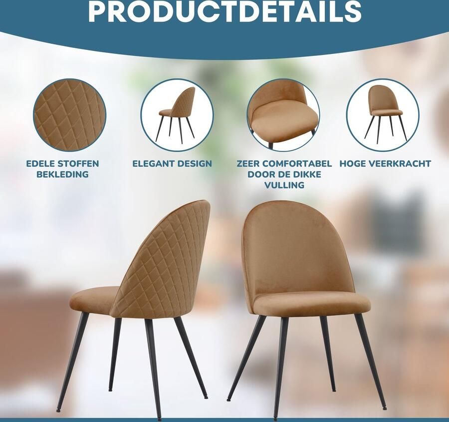 Albatros International Albatros Eetkamerstoelen set van 4 Eetkamerstoelen met Fluwelen Hoes Capo Set van 4 Bruin Stijlvol Vintage Ontwerp Fluwelen Hoes SGS Goedgekeurde Gestoffeerde Stoel Moderne Keukenstoel Eetkamerstoel of Eettafelstoel - Foto 2