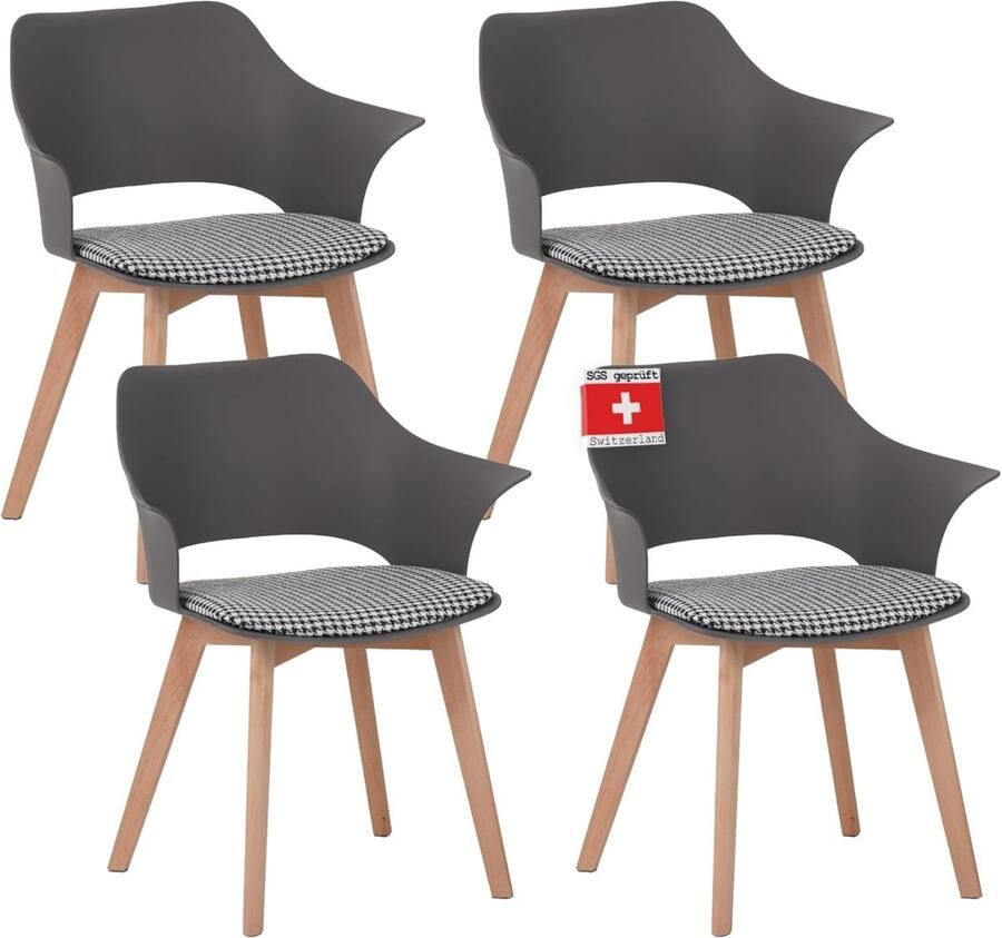 Albatros International Albatros eetkamerstoelen set van 4 Aalborg Grijs poten van massief beukenhout Scandinavisch retro design comfortabele kuipstoel elegante keukenstoel eetkamerstoel voor eettafel