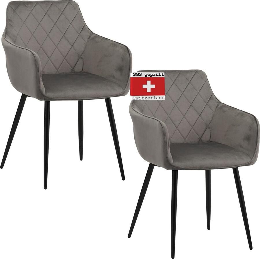 Albatros International ALBATROS Salo Eetkamerstoelen met Fluwelen Bekleding Set van 2 Grijs Stijlvol Ontwerp Fluwelen bekleding SGS-goedgekeurde gestoffeerde stoel Moderne Keukenstoel Eetkamerstoel of Eettafelstoel
