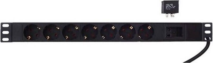 Alfaco Basic 1U PDU Stekkerdoos 7 voudig zonder schakelaar met overspanningsbeveiliging 19 inch 2 meter kabel Zwart