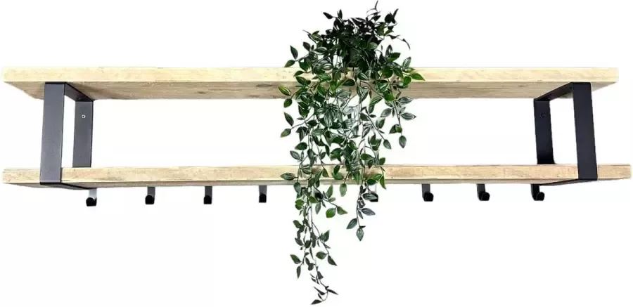 Maison dam Industriële kapstok deluxe – 130cm 9 haken hout metaal wandkapstok ophangen jas pet vest hoed