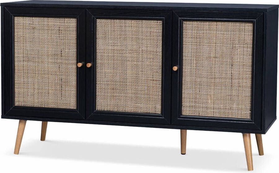 Alice's Garden Dressoir Bohème 120x39x70cm 3 deurtjes Zwart en rotan Bohème