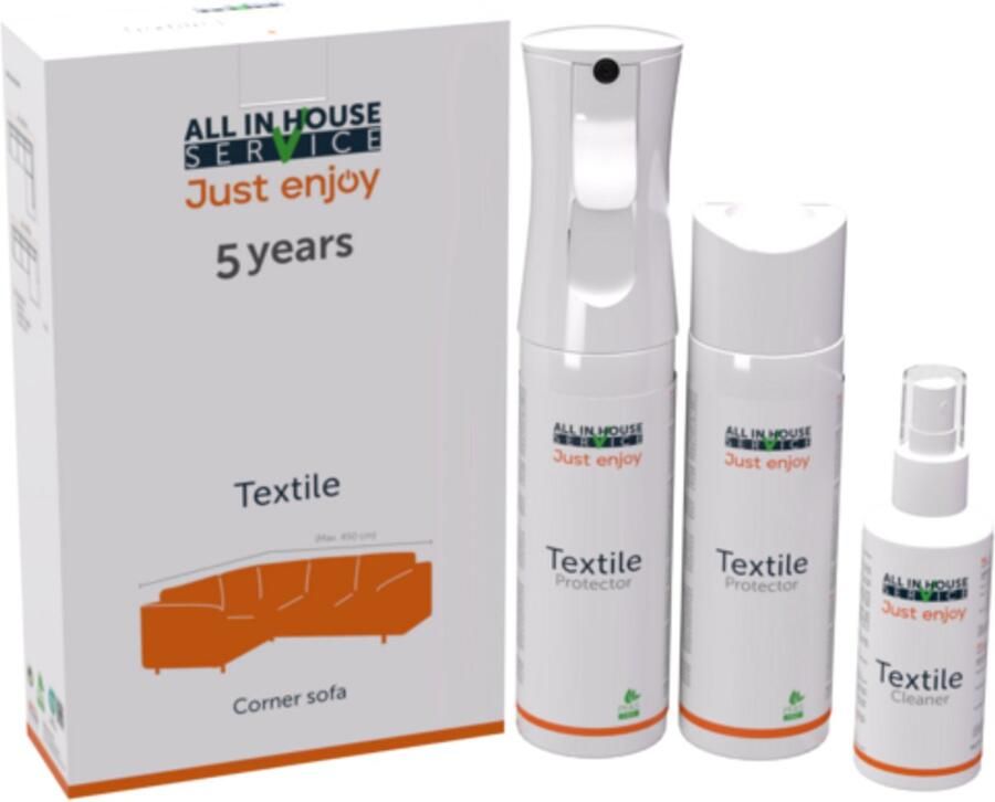 All in house service – Textielbeschermingspakket Hoekbank tot 450 cm – 5 Jaar Vlekbescherming – 2x Protector 300ml + Cleaner 100ml