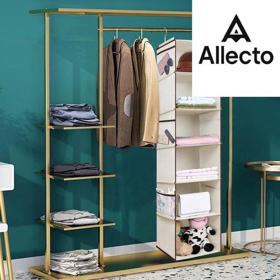 Allecto 6 compartimenten hangende plank kledingkast kast organisator 6 planken zijvakken van gaas hangende kledingkast opbergorganisator hangende planken voor kledingkast kast kleding beige