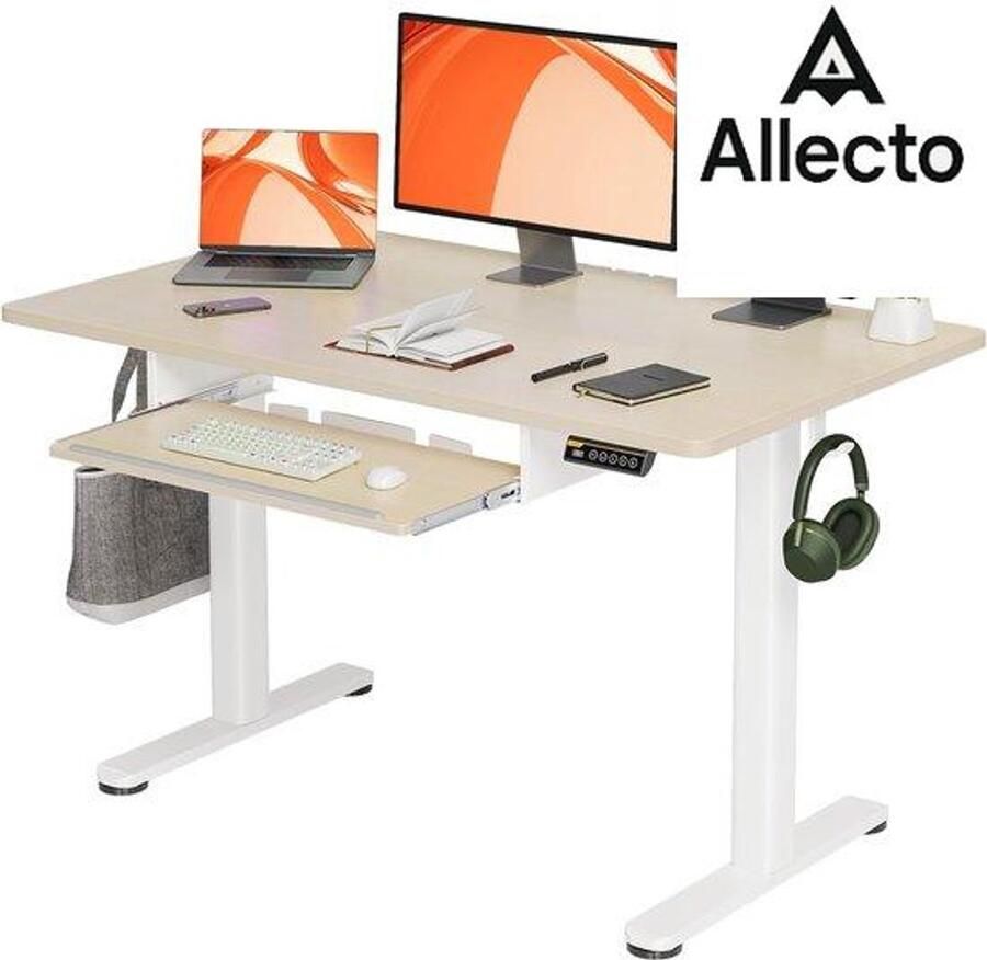 Allecto hoogte verstelbaar bureau met toetsenbordlade 120 x 60 cm elektrisch sta-bureau met kabelbeheer computertafel zit sta met geheugenfunctie en botsingsbescherming beige