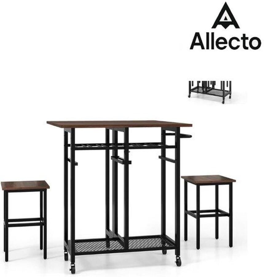 Allecto Keukentafel 2 Personen Eettafel-Set 3-Delige Uittrekbare Keuken Tafel Op Wieltjes Met 2 Stoelen Eetset Met 6 Flessen Wijnrek Planken En Handvat Opvouwbare Eetkamer Tafel Voor Kleine Ruimtes