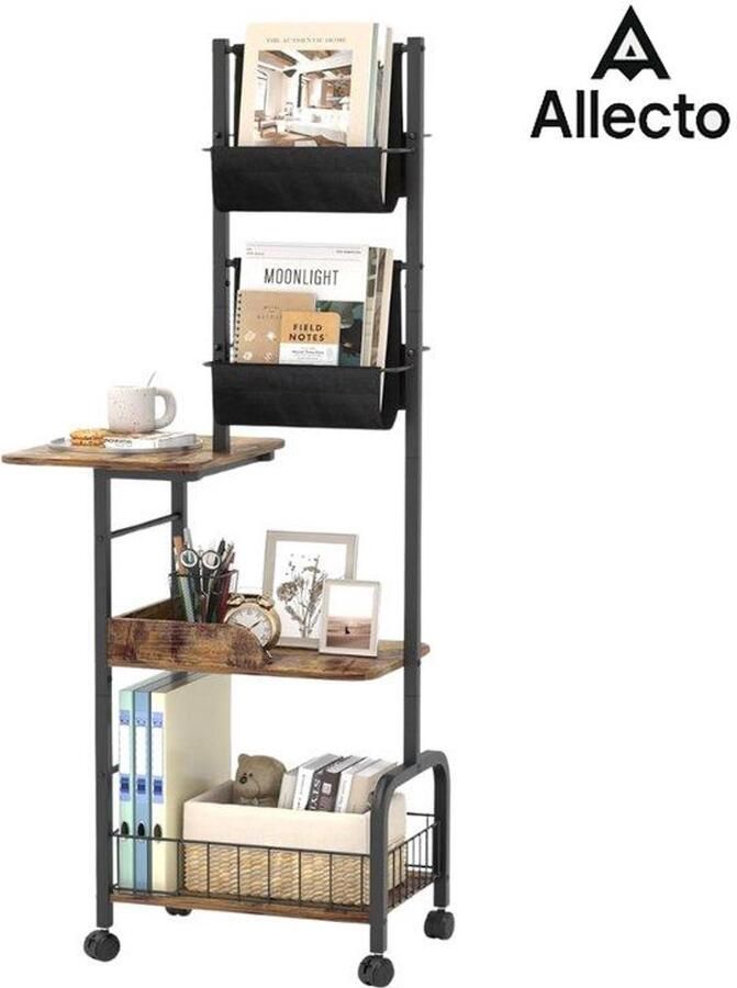 Allecto Platenspeler Meubel Multifunctionele Bijzettafel Stoffen Zakken Nachtkastje met Koffie Thee Snacklade en Wielen Hoge Desktop -C-vormige Bijzettafel voor Woonkamer Slaapkamer Zwart en Bruin