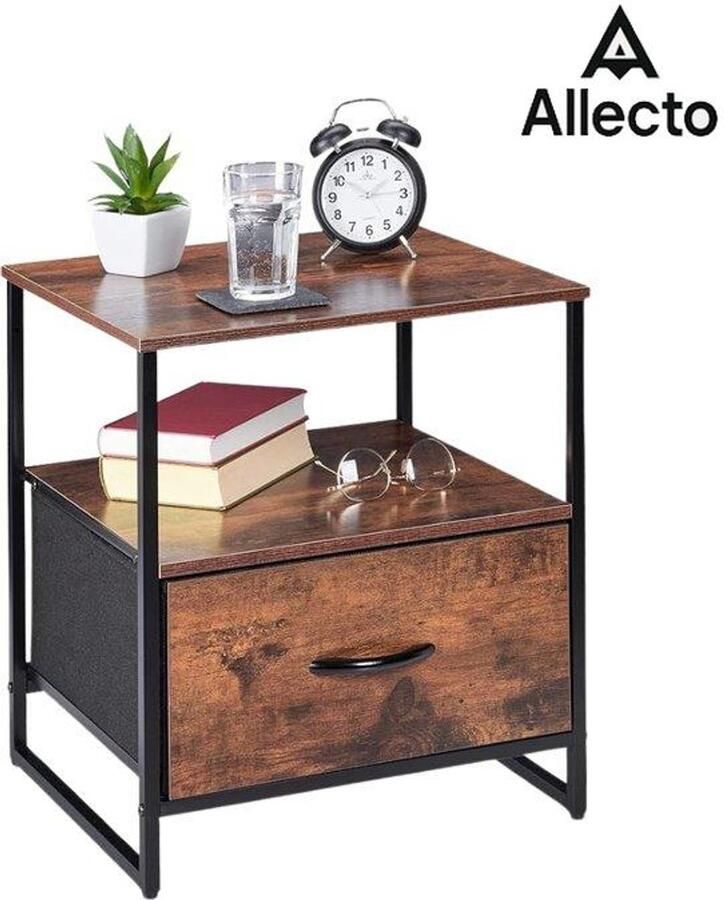 Allecto Platenspeler Meubel Nachtkastje Industrieel 2 Planken Bijzettafel met Lade Metaal en Hout Tafeltje Zwart en Bruin