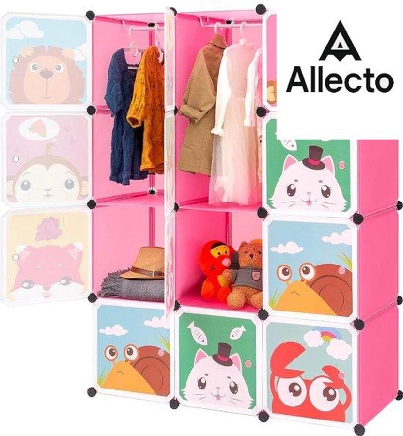 Allecto Uitbreidbaar kinderrek kinderkledingkast trapstelling boekenkast met deuren en 2 hangers diepere vakken dan normaal (45 cm vs. 35 cm) 110 x 47 x 147 cm roze