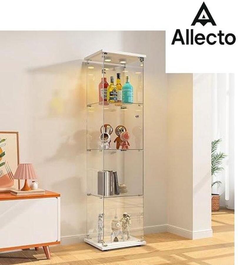 Allecto Vitrinekast Met Led Verlichting 4 Planken Glazen Vitrinekast Met 7 RGB-Kleuren En 1 Deur Transparant Zwart Wit