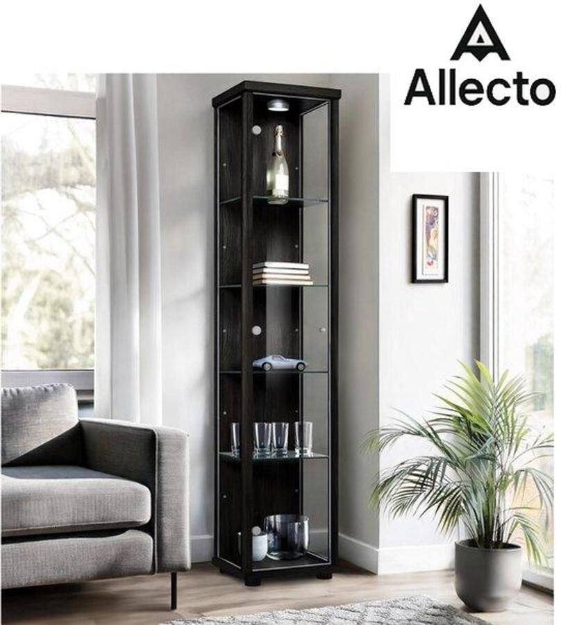 Allecto Vitrinekast met LED Verlichting Glazen vitrinekast in zwart (176x37x33cm) 4 in hoogte verstelbare glazen leggers LED Modelautowandvitrine zwart Vitrinekast zwart Verzamelaarsvitrine Woonkamer